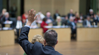 Foto: Person hebt die Hand für Abstimmung