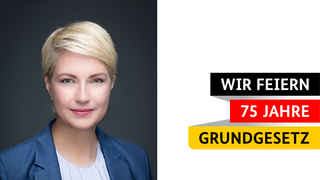 Logo des Demokratiefestes „75 Jahre Grundgesetz“ und Portrait von Bundesratspräsidentin Manuela Schwesig Logo des Demokratiefestes „75 Jahre Grundgesetz“ und Portrait von Bundesratspräsidentin Manuela Schwesig