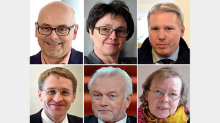 Ministerpräsident Torsten Albig (SPD, oben 1-r), Finanzministerin Monika Heinold (Bündnis90/Die Grünen), Jörg Nobis (AfD), CDU-Fraktionsvorsitzender Daniel Günther (unten, 1-r), FDP-Fraktionsvorsitzender Wolfgang Kubicki, Marianne Kolter (Die Linke) Ministerpräsident Torsten Albig (SPD, oben 1-r), Finanzministerin Monika Heinold (Bündnis90/Die Grünen), Jörg Nobis (AfD), CDU-Fraktionsvorsitzender Daniel Günther (unten, 1-r), FDP-Fraktionsvorsitzender Wolfgang Kubicki, Marianne Kolter (Die Linke)